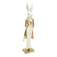 Elegant white rabbit figurine in gold and white tuxedo, luxury home décor accent piece