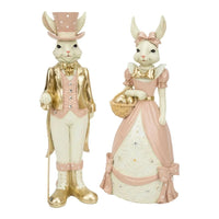 Elegant pink and gold bunny figurines, male in top hat, female with egg basket, vintage home décor