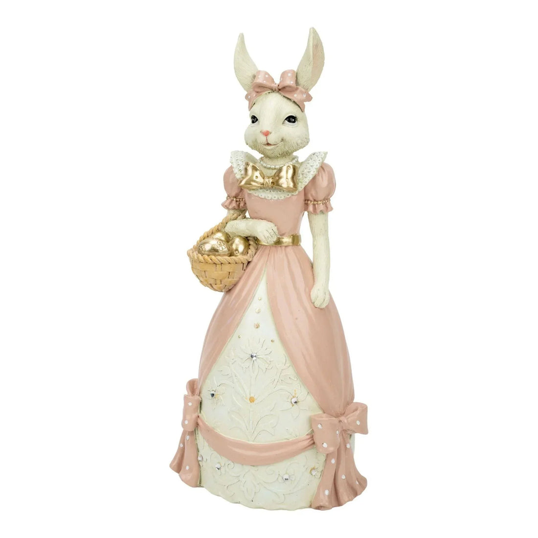 Elegant bunny figurine in pink dress holding Easter egg basket, vintage home décor accent