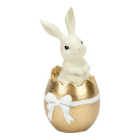 White bunny figurine in gold Easter egg with white bow, home décor accent piece