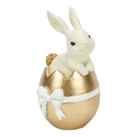 White bunny figurine in gold Easter egg with white bow, home décor accent piece
