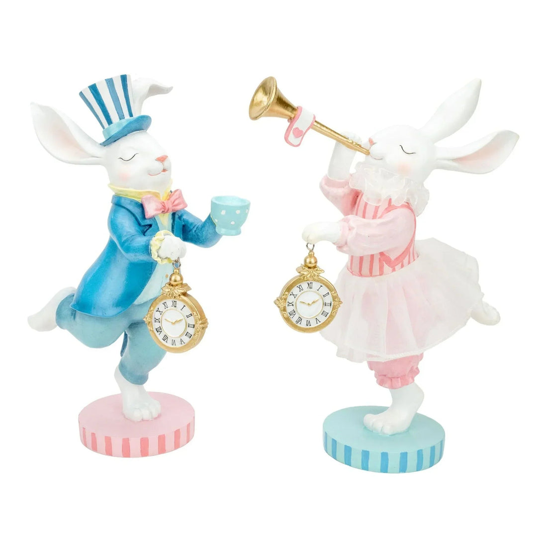 Charming bunny figurines in blue and pink, holding pocket watches and a trumpet, perfect for home décor.