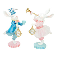 Charming bunny figurines in blue and pink, holding pocket watches and a trumpet, perfect for home décor.