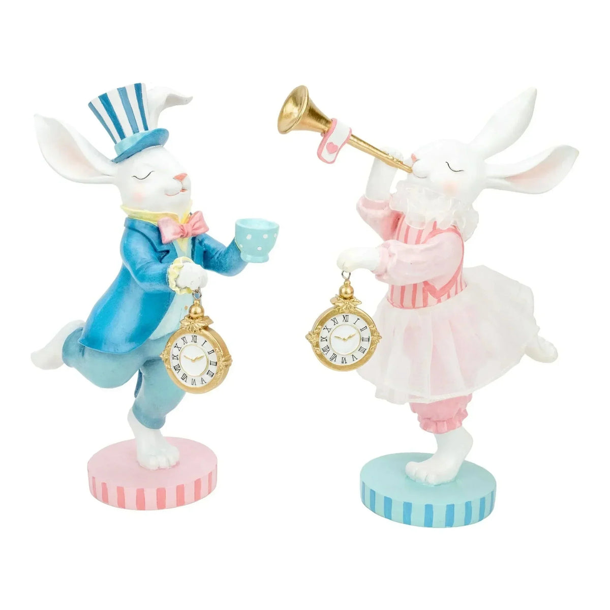 Charming bunny figurines in blue and pink, holding pocket watches and a trumpet, perfect for home décor.