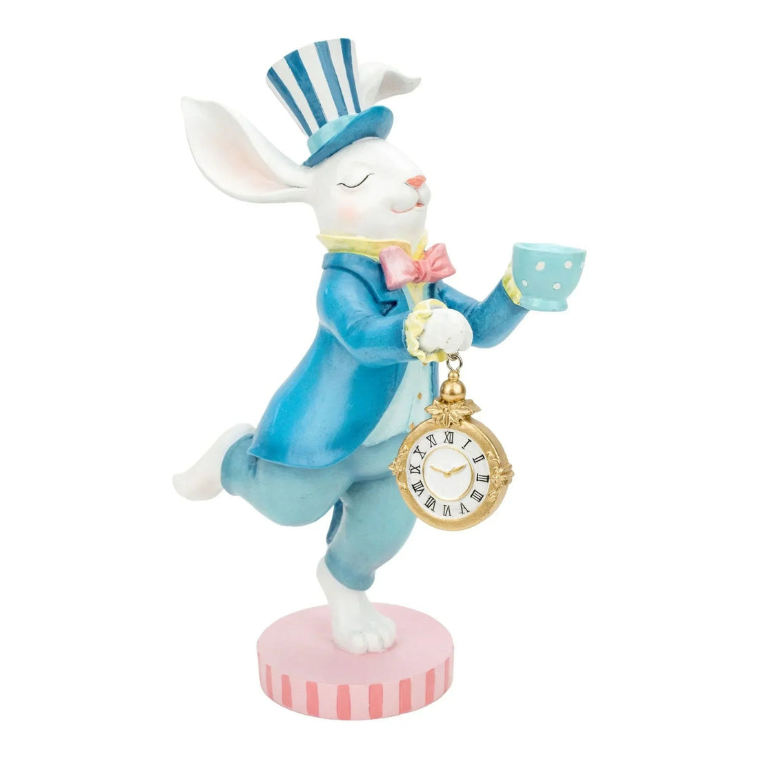 White rabbit figurine in blue coat, striped hat, holding teacup and pocket watch, vintage home décor