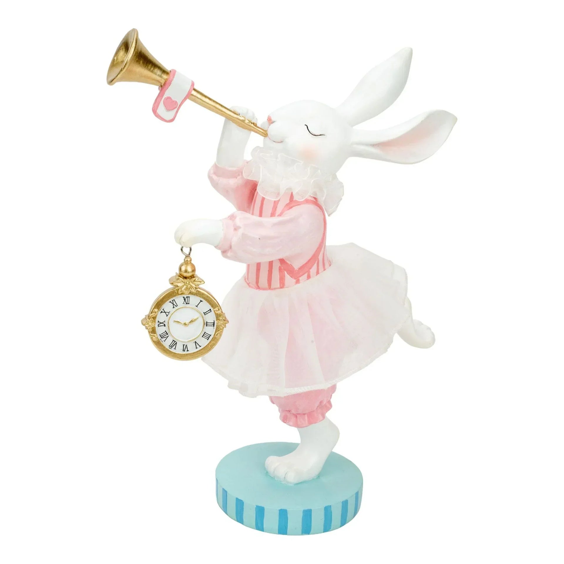Charming white bunny figurine in pink striped dress playing golden horn, holding pocket watch, vintage home decor