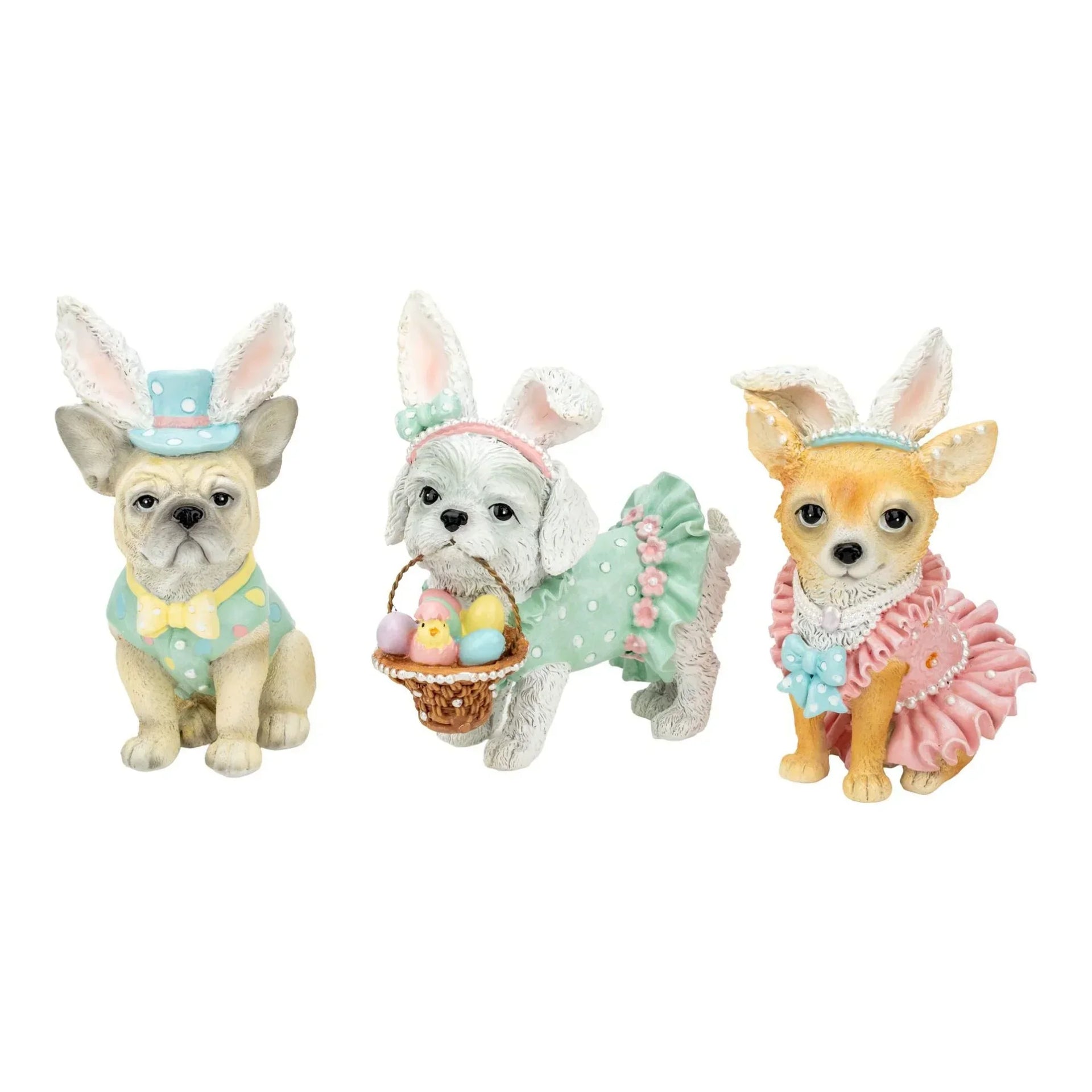 Easter dog figurines with bunny ears, pastel dresses, and egg basket for home décor