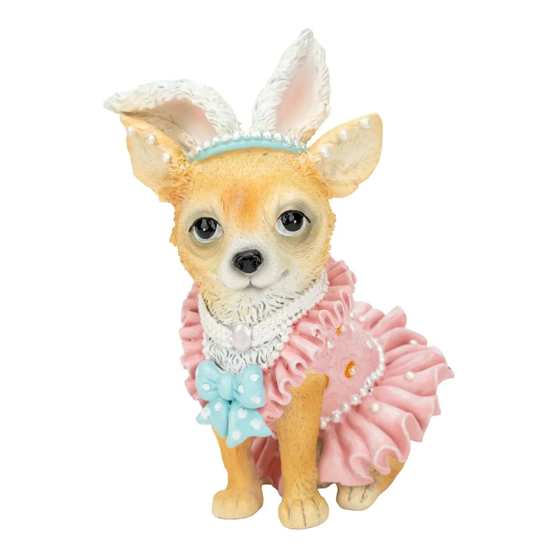 Chihuahua figurine in pink ruffled dress with bunny ears and blue bow, home décor accent piece