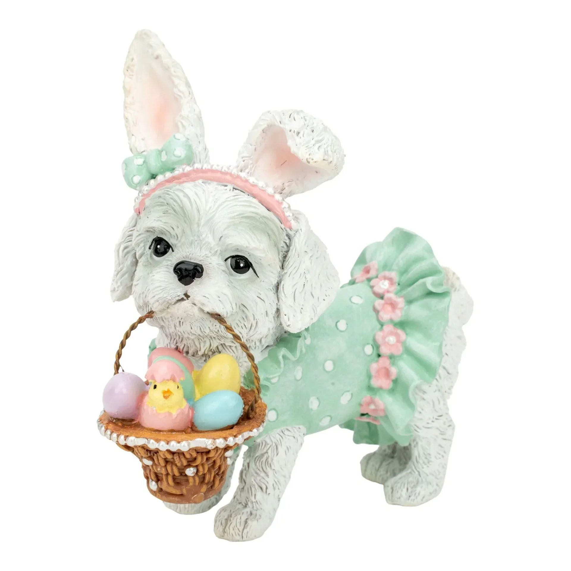 Adorable Easter dog figurine with bunny ears, pastel dress, holding basket of eggs and chick, perfect spring home décor