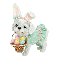 Adorable Easter dog figurine with bunny ears, pastel dress, holding basket of eggs and chick, perfect spring home décor