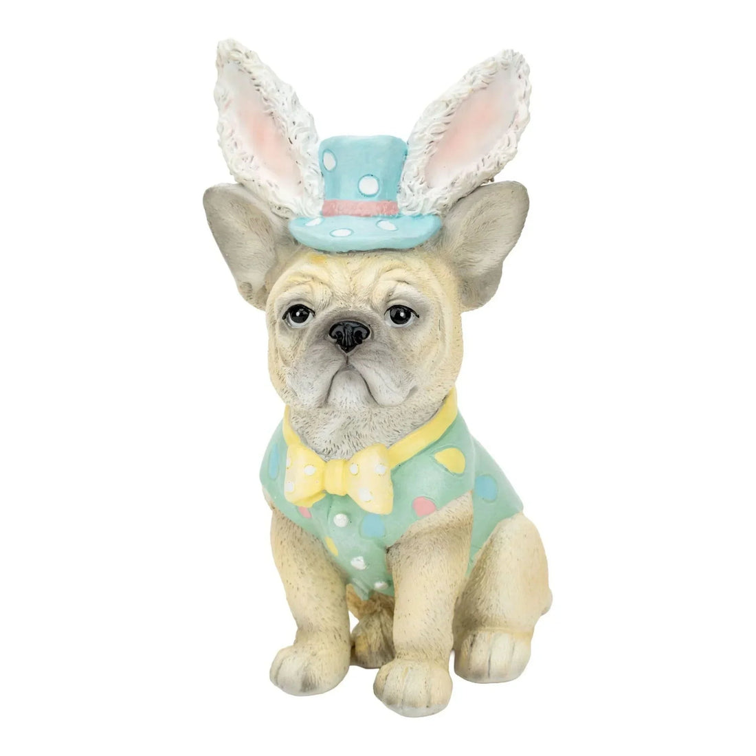 Adorable French Bulldog figurine with bunny ears, polka dot hat and bow tie, perfect home décor accent