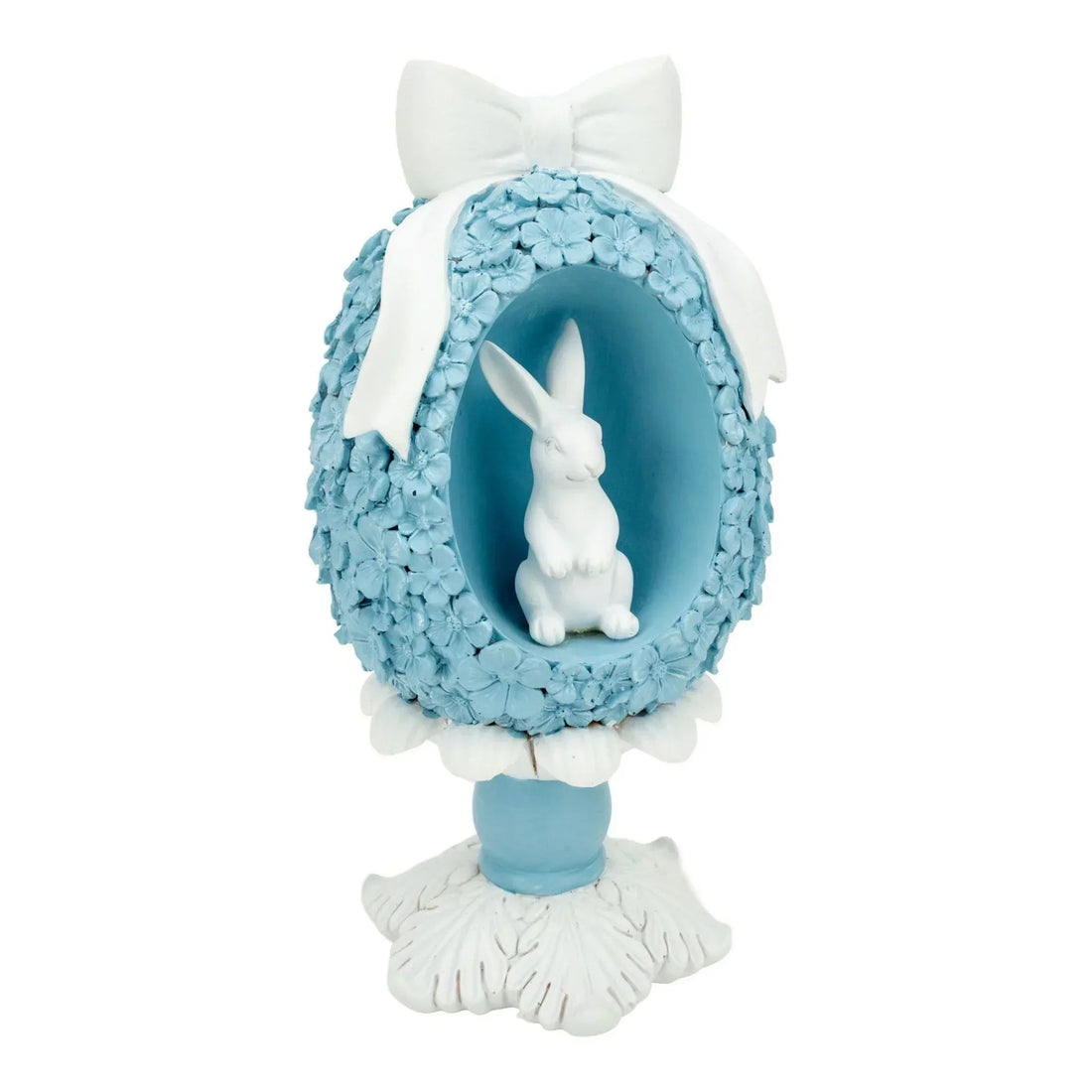 Blue floral Easter egg with white bunny figurine and bow, home décor accent piece