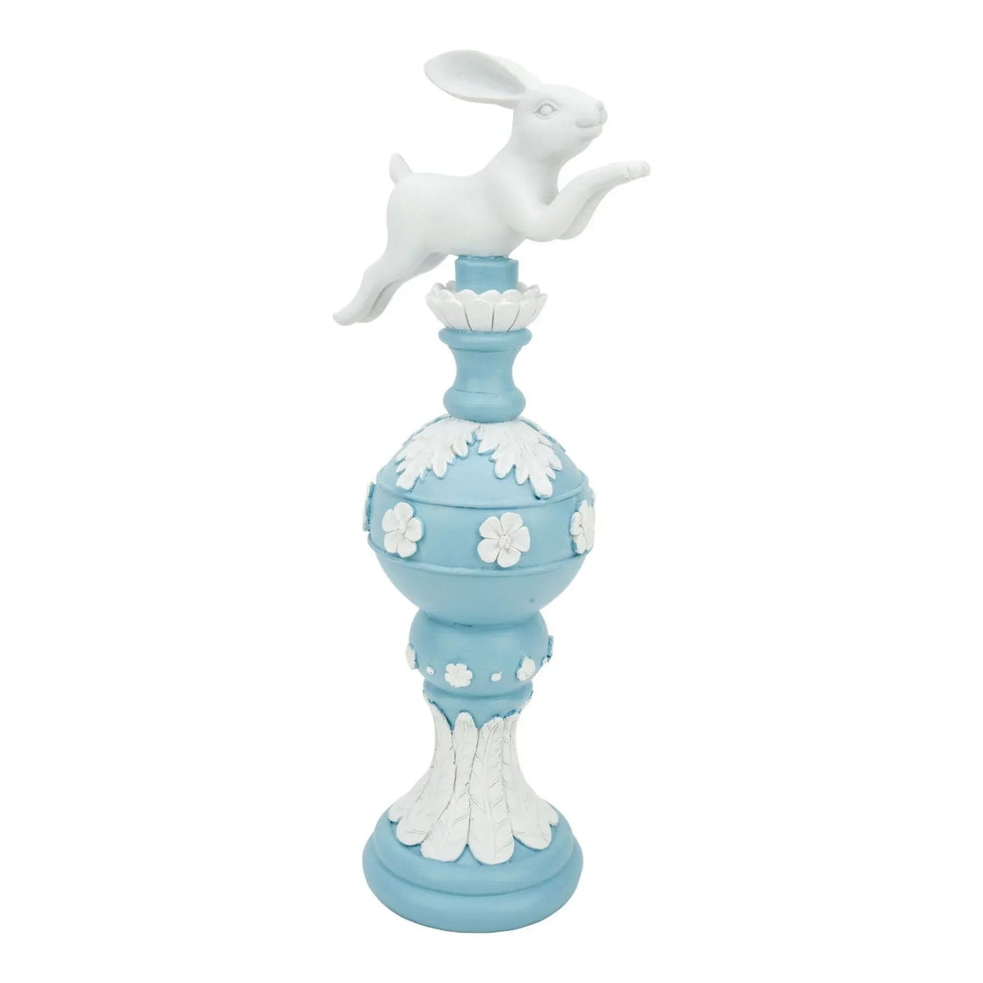 White rabbit figurine on blue floral pedestal, elegant home décor accent piece