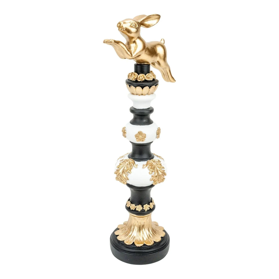 Gold rabbit figurine atop ornate black and white pedestal with floral accents, elegant home décor accent