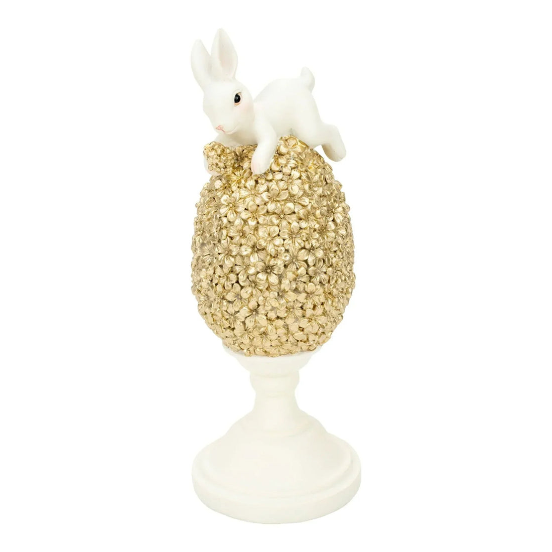 White bunny figurine perched on gold floral egg, elegant home décor accent piece