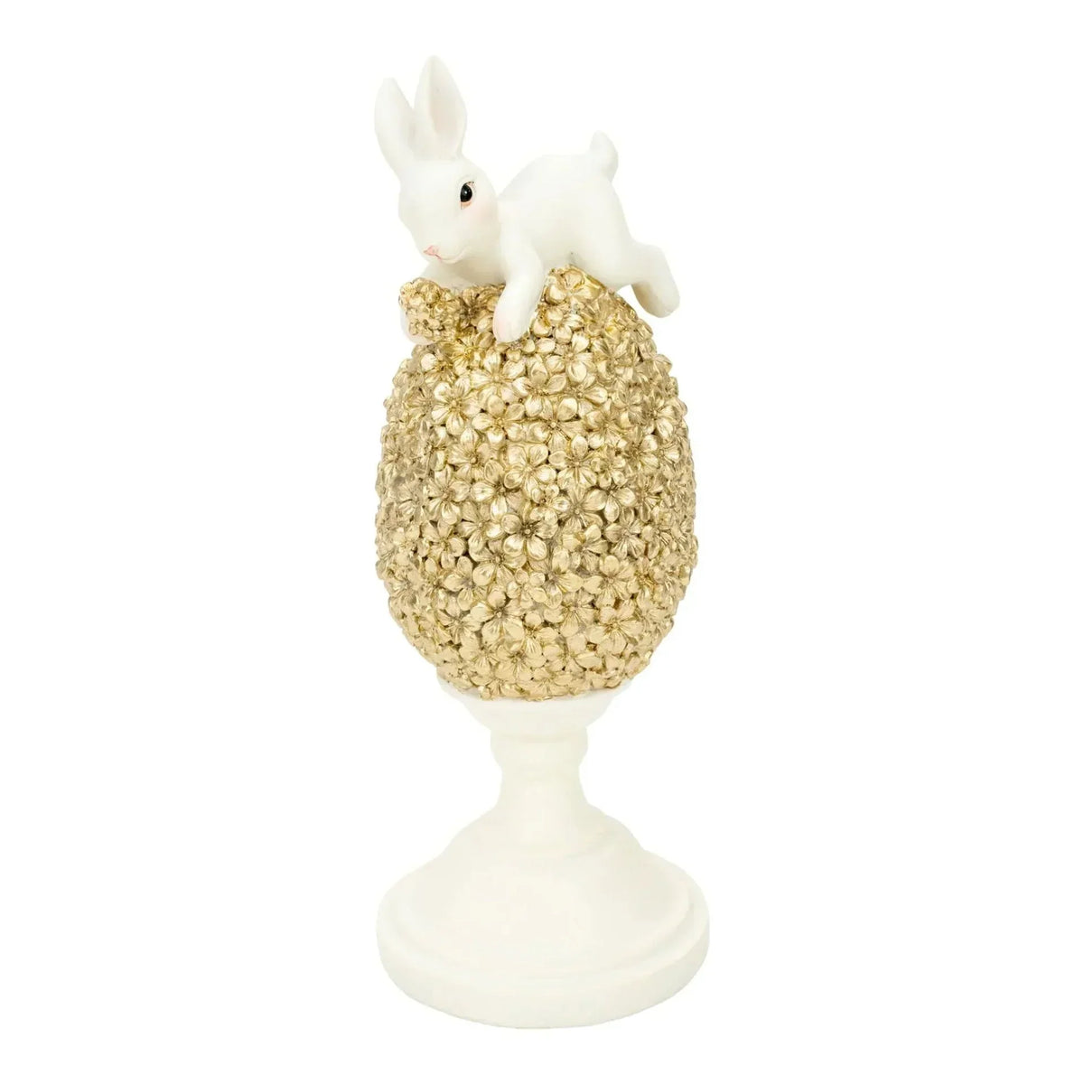 White bunny figurine perched on gold floral egg, elegant home décor accent piece
