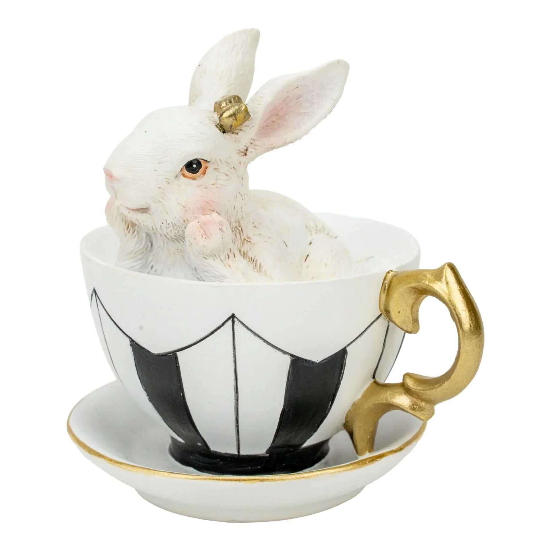White rabbit figurine in vintage teacup with gold handle, black geometric pattern, perfect for whimsical home décor