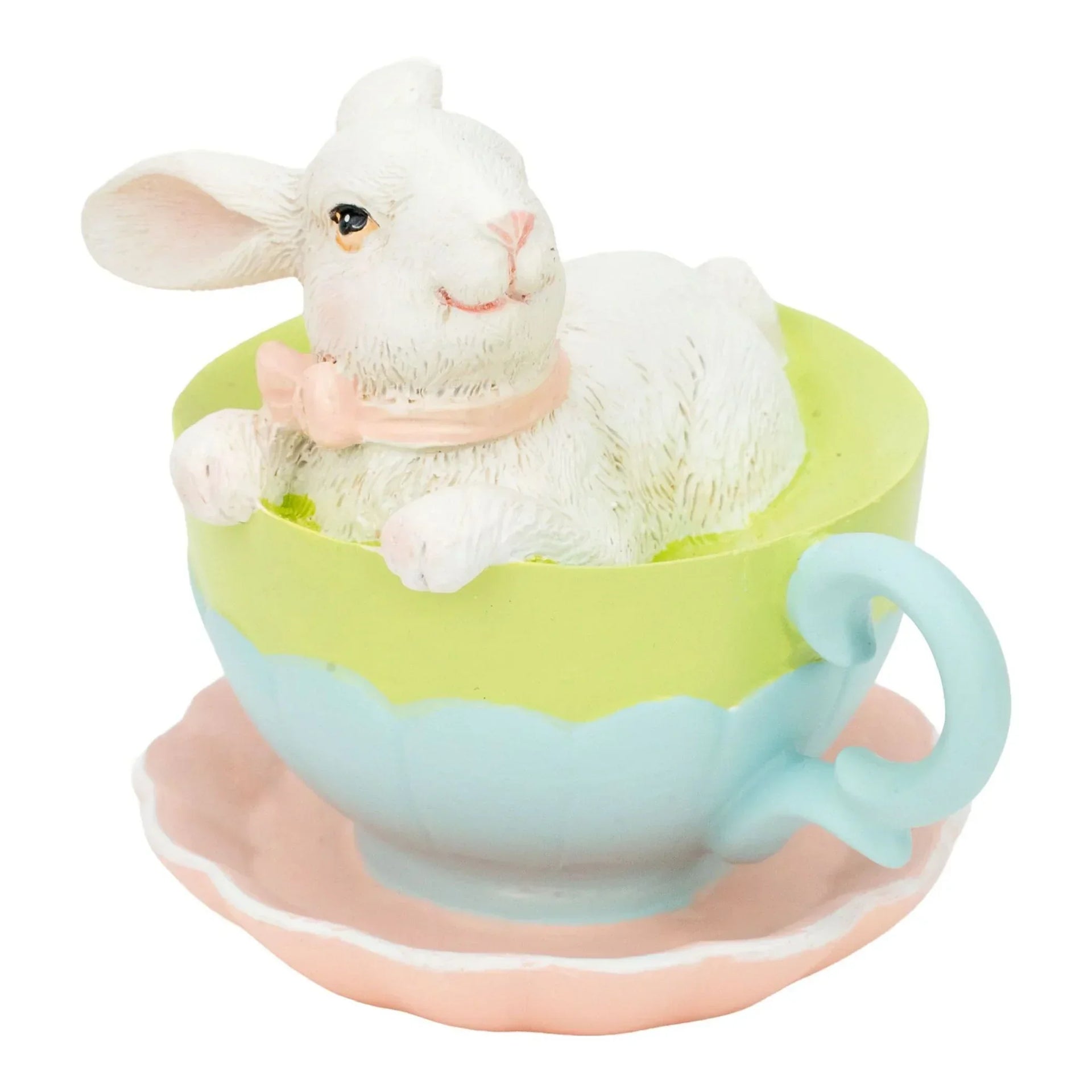 White bunny figurine in pastel teacup with pink bow, cute home decor accent