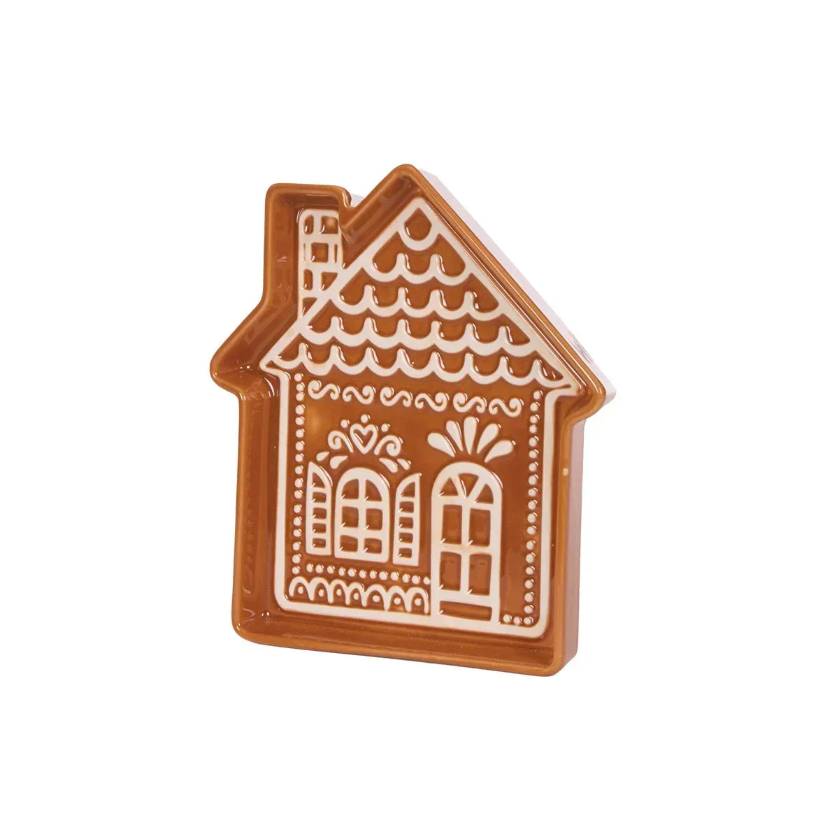 Ceramic gingerbread house decoration with white icing details, perfect for festive home décor