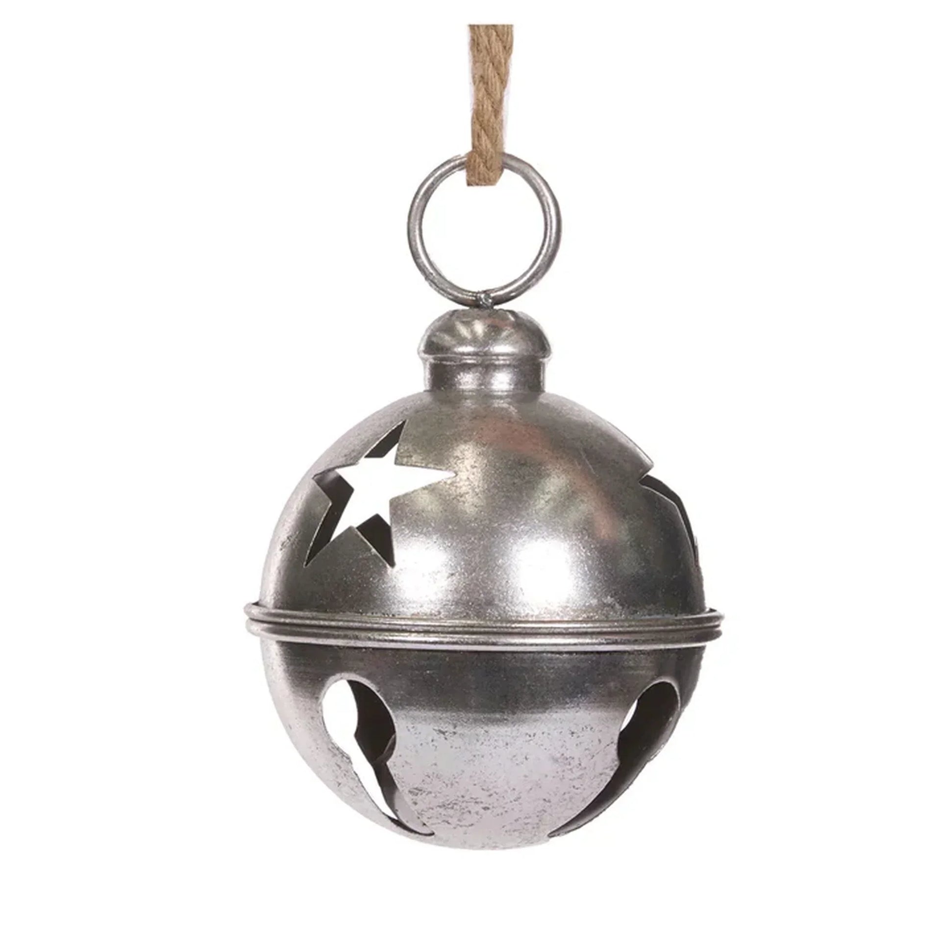 Metal jingle bell ornament with star cutouts, rustic silver finish, hanging by twine for holiday decor