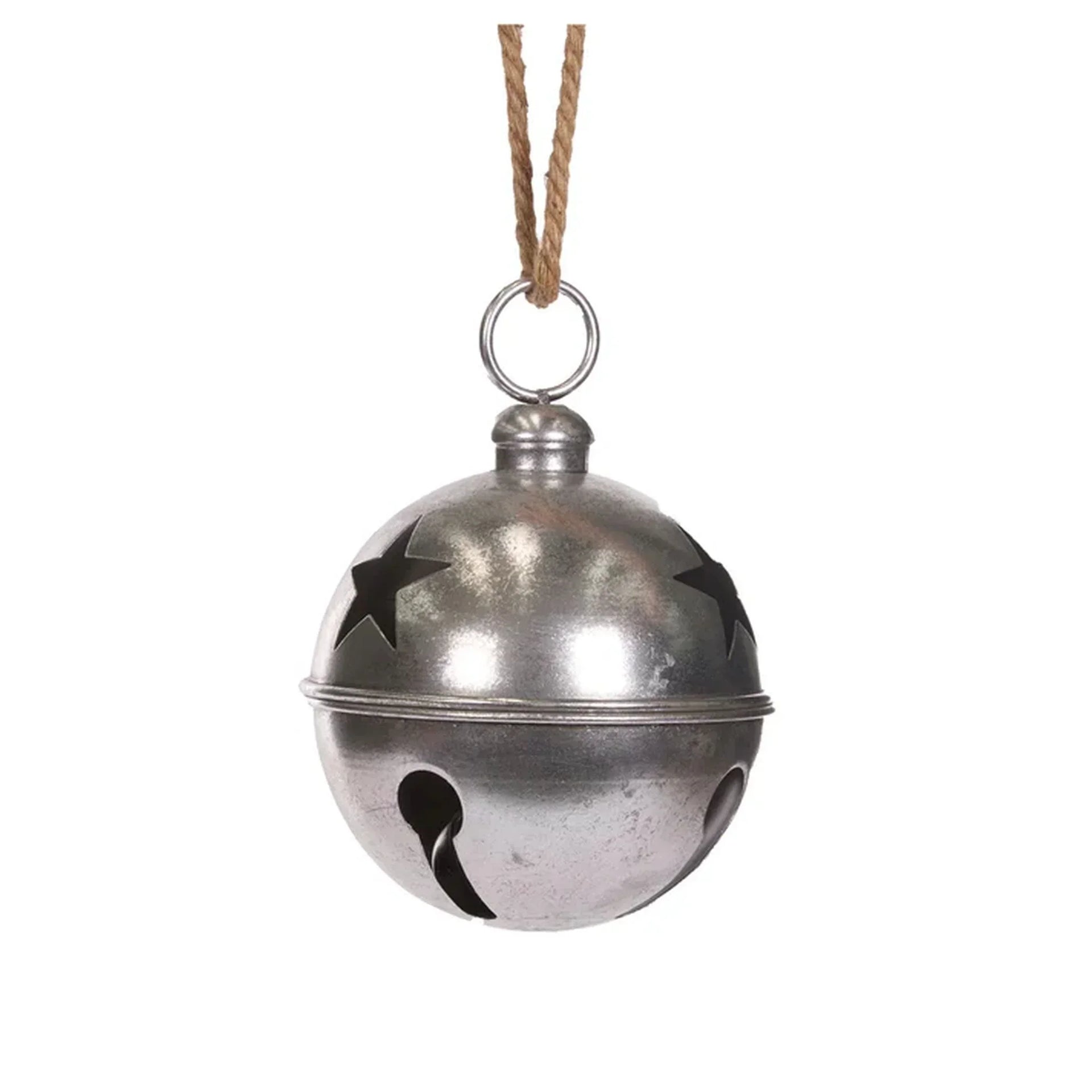 Rustic metal jingle bell ornament with star cutouts, hanging by twine for festive home décor