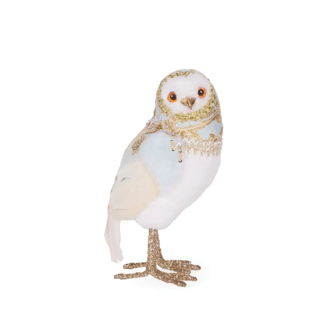 Elegant white owl figurine with gold glitter accents and lace detailing, perfect for home décor
