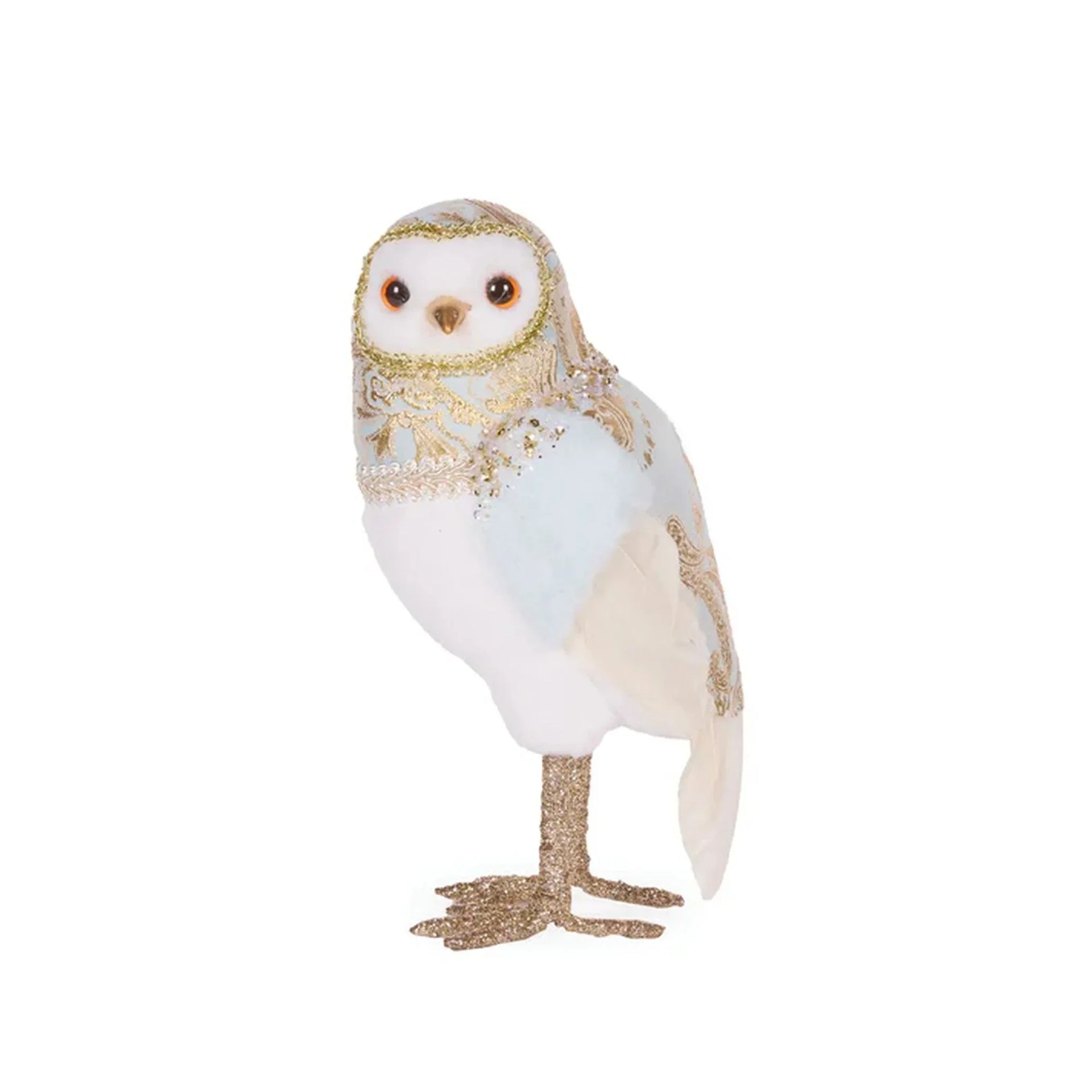 Elegant white owl figurine with gold glitter accents, perfect for luxury home décor and festive styling.