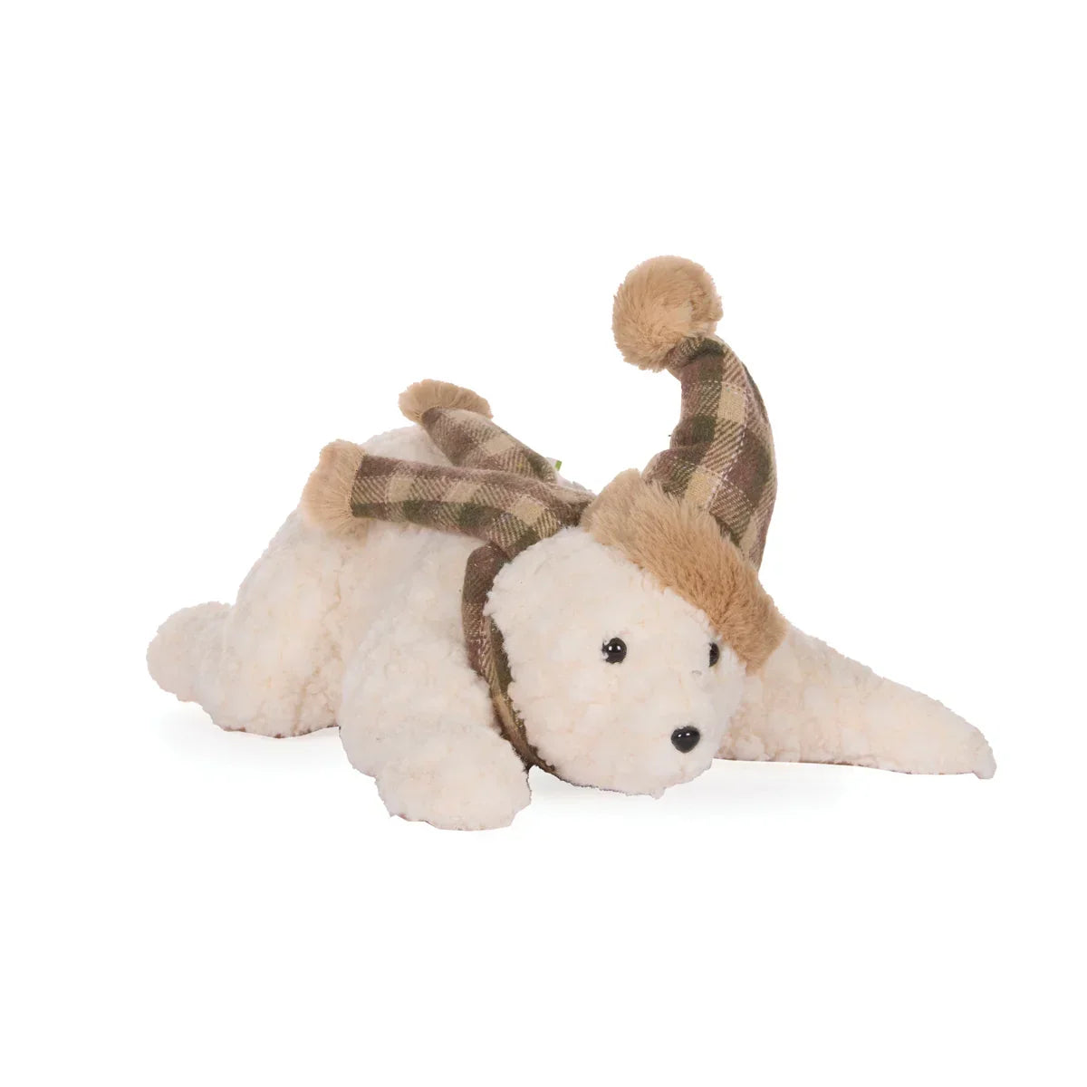 Fluffy white plush dog wearing plaid hat, cozy home décor accent