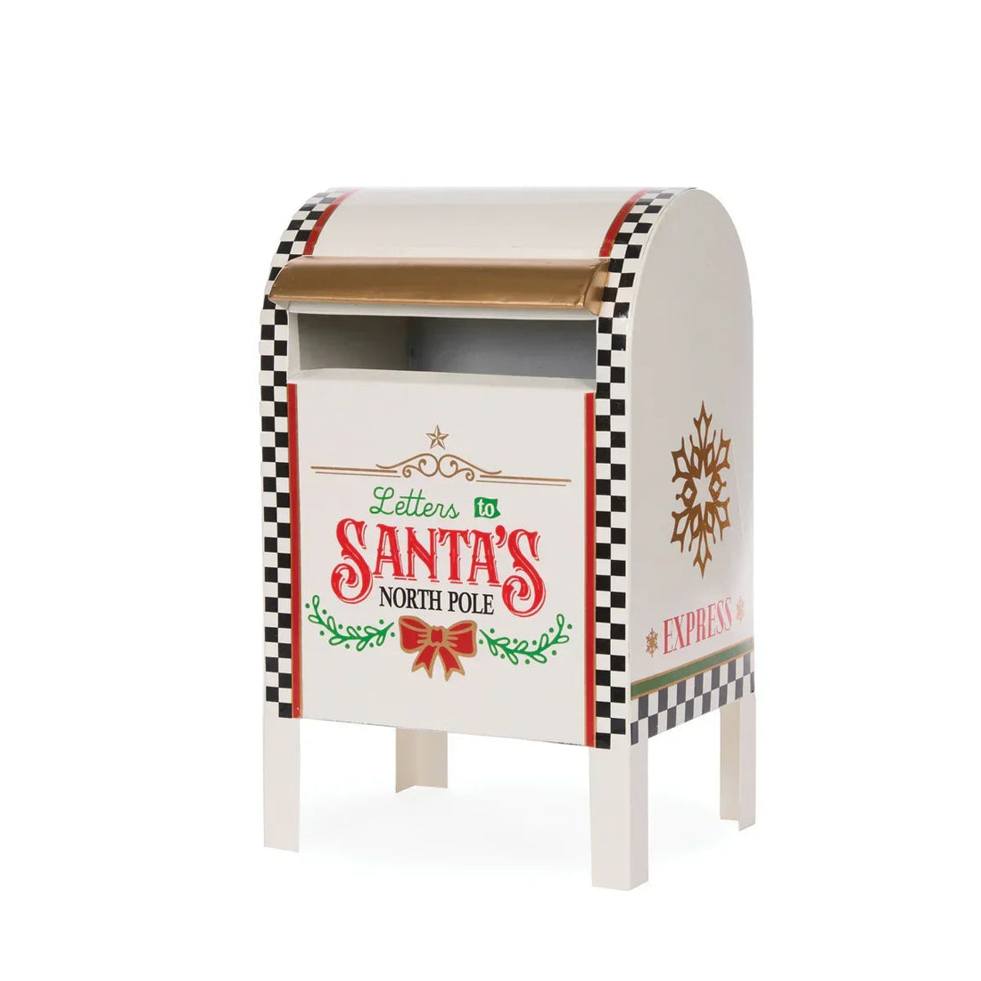 Festive Santa's North Pole mailbox with checkered trim and snowflake design for holiday décor