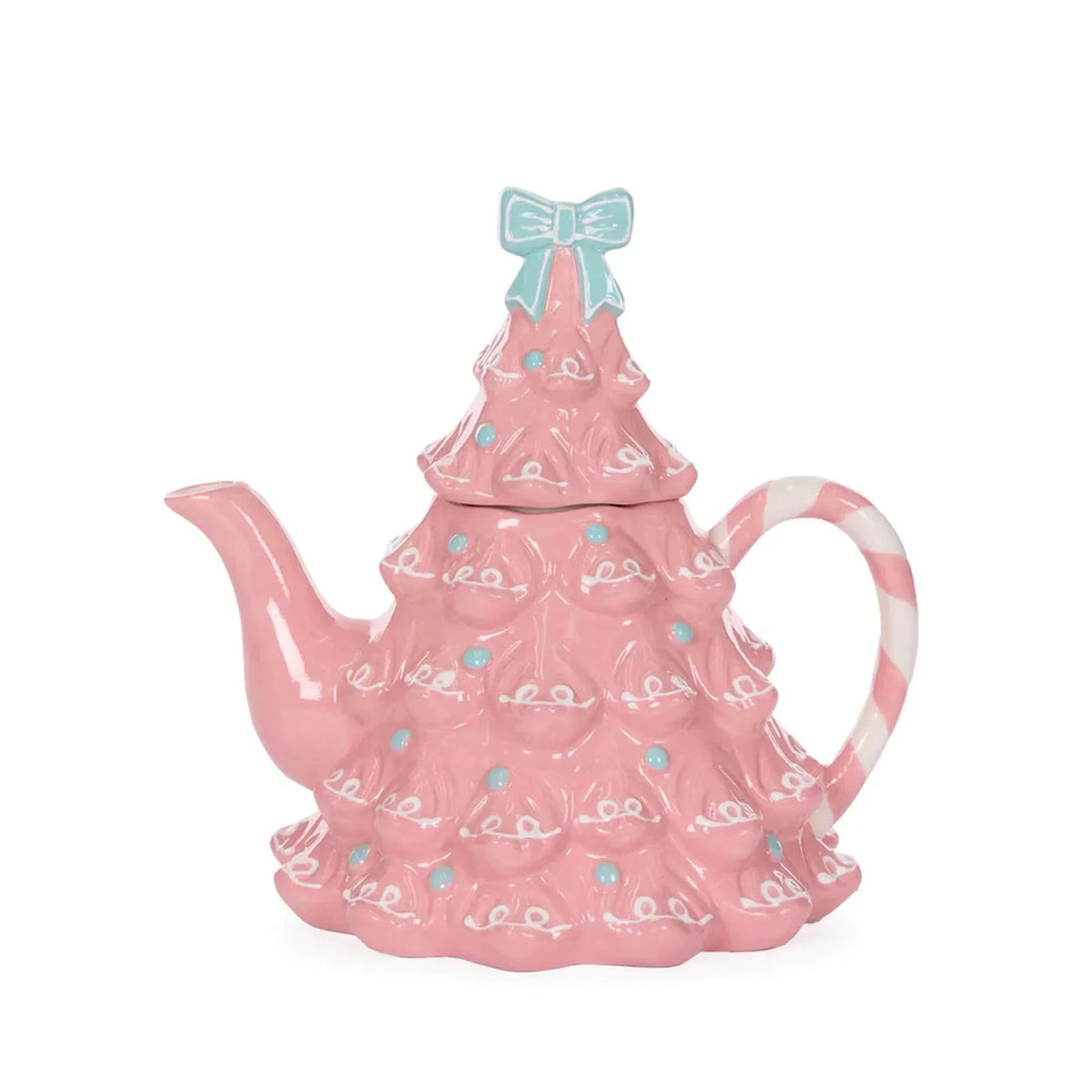 Pink Christmas tree teapot with mint bow, candy cane handle, festive holiday decor