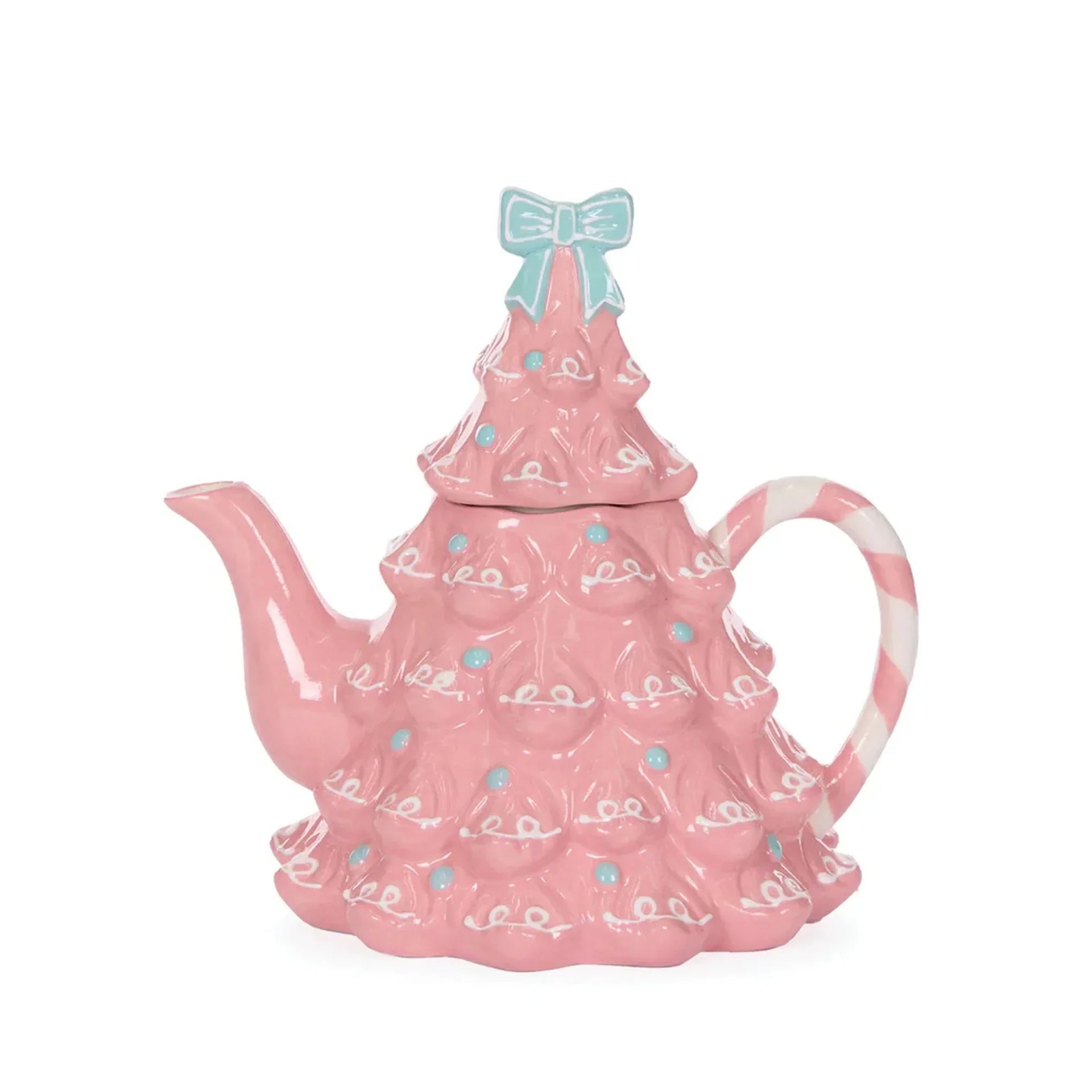 Pink Christmas tree teapot with mint bow, candy cane handle, festive holiday decor