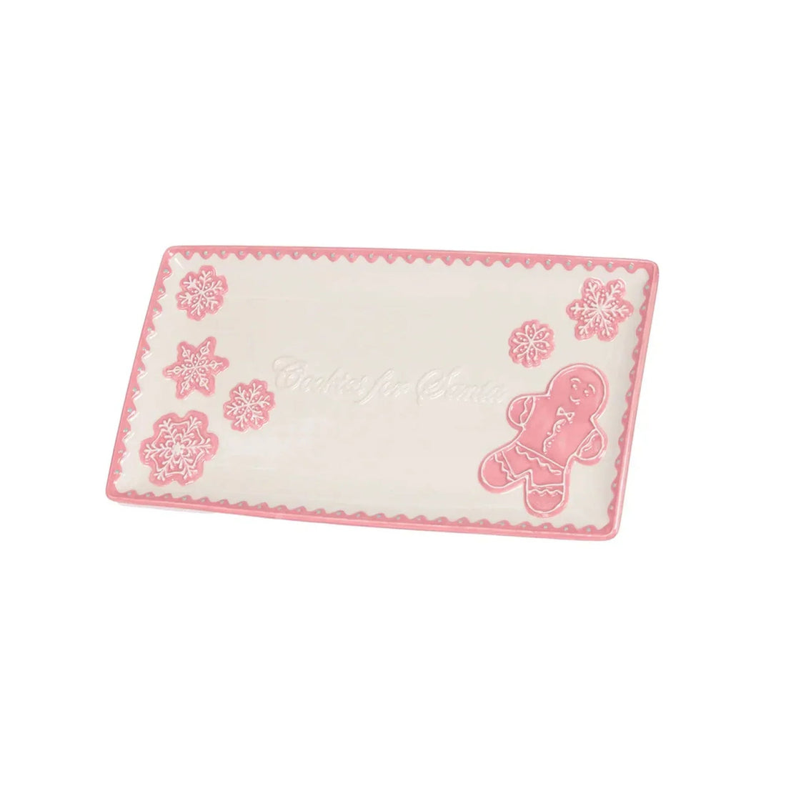 Pink gingerbread man cookie tray with snowflakes, festive holiday home decor
