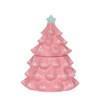 Pink ceramic Christmas tree cookie jar with mint star and festive swirls