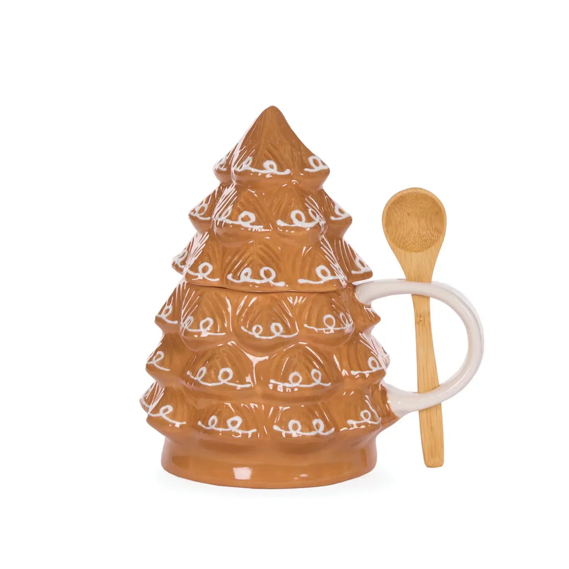 Ceramic Christmas tree mug with white swirls and wooden spoon, festive holiday drinkware