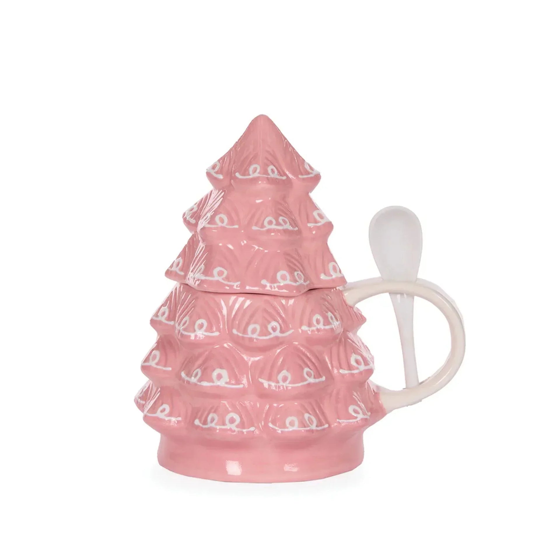 Pink Christmas tree mug with white swirls and matching spoon, festive holiday home decor