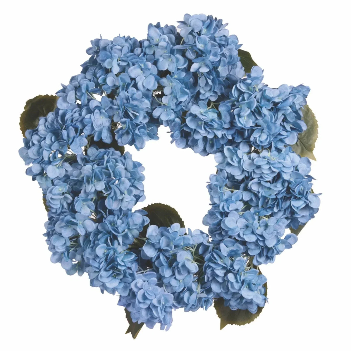 Blue hydrangea wreath for home décor, vintage-inspired floral wall hanging with lush blooms and green leaves