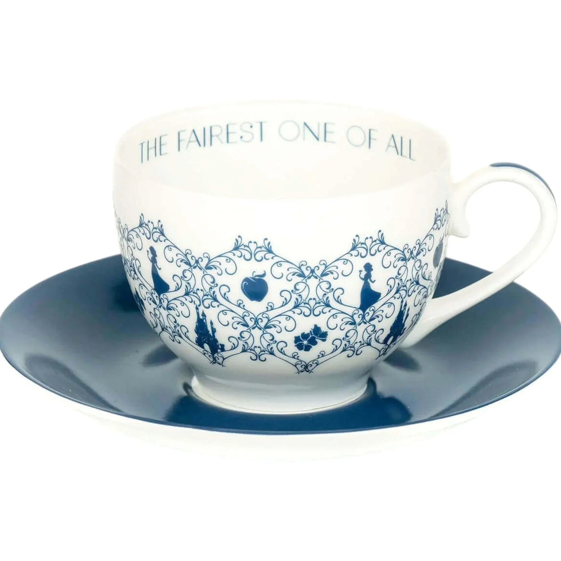 White teacup with blue 'The Fairest One of All' text and fairy tale silhouettes, paired with matching saucer