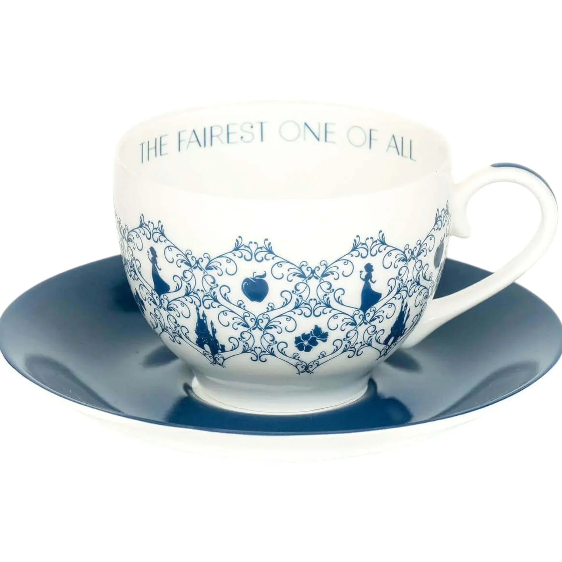 White teacup with blue 'The Fairest One of All' text and fairy tale silhouettes, paired with matching saucer