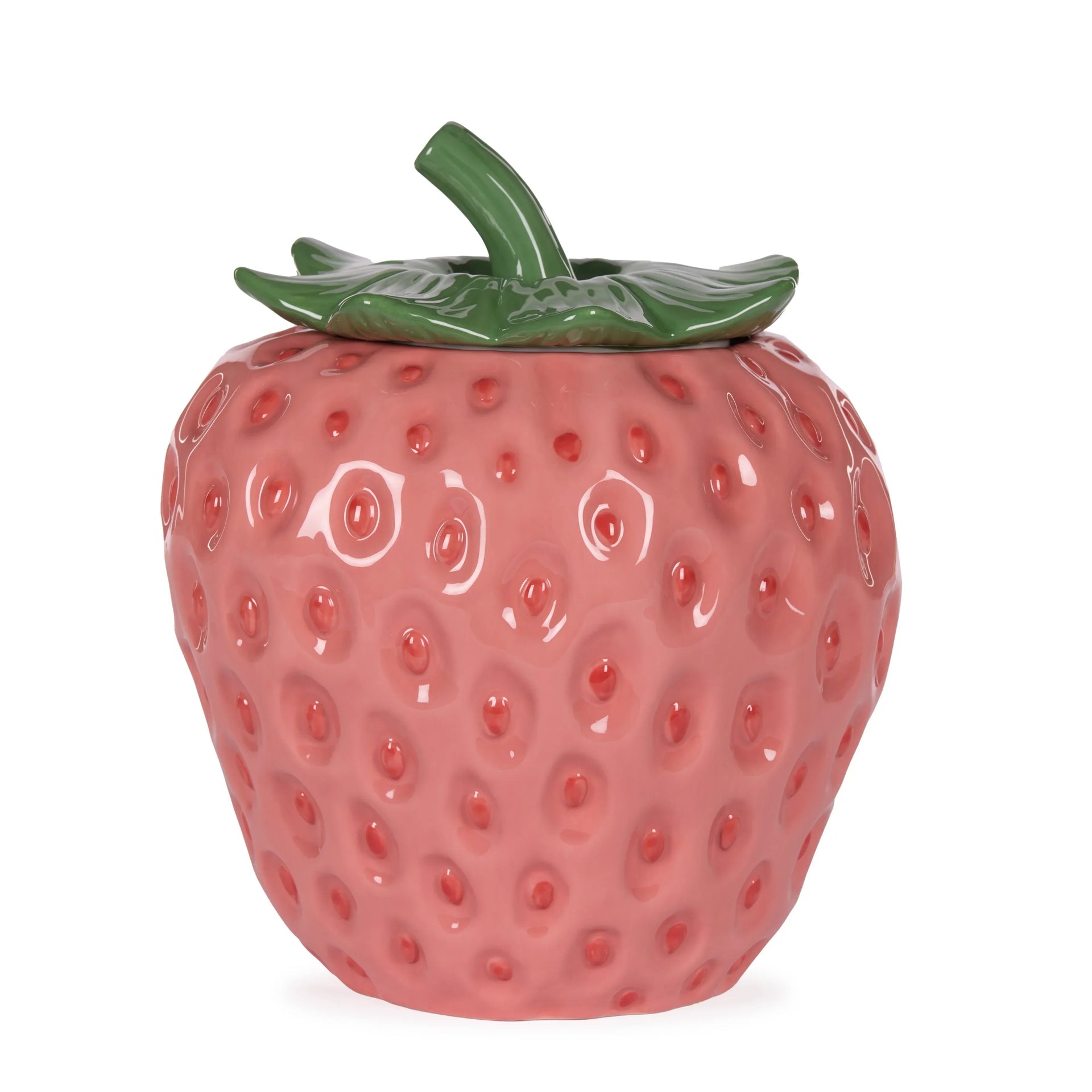 Glossy ceramic strawberry-shaped decorative jar with green leaf lid, perfect for home décor and kitchen accessories.
