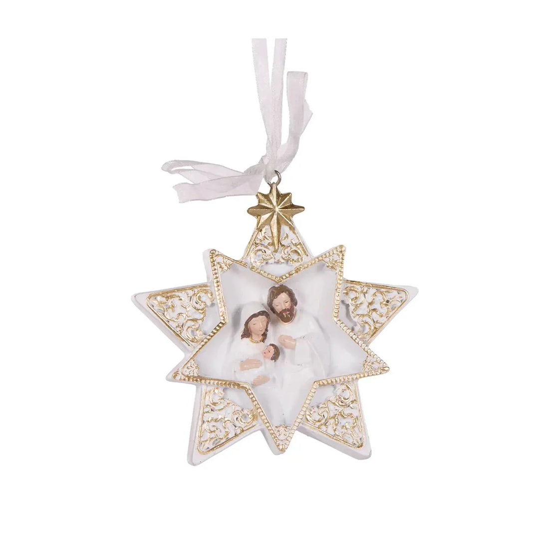 White star Christmas ornament with gold filigree and Holy Family figurine, perfect for holiday home décor