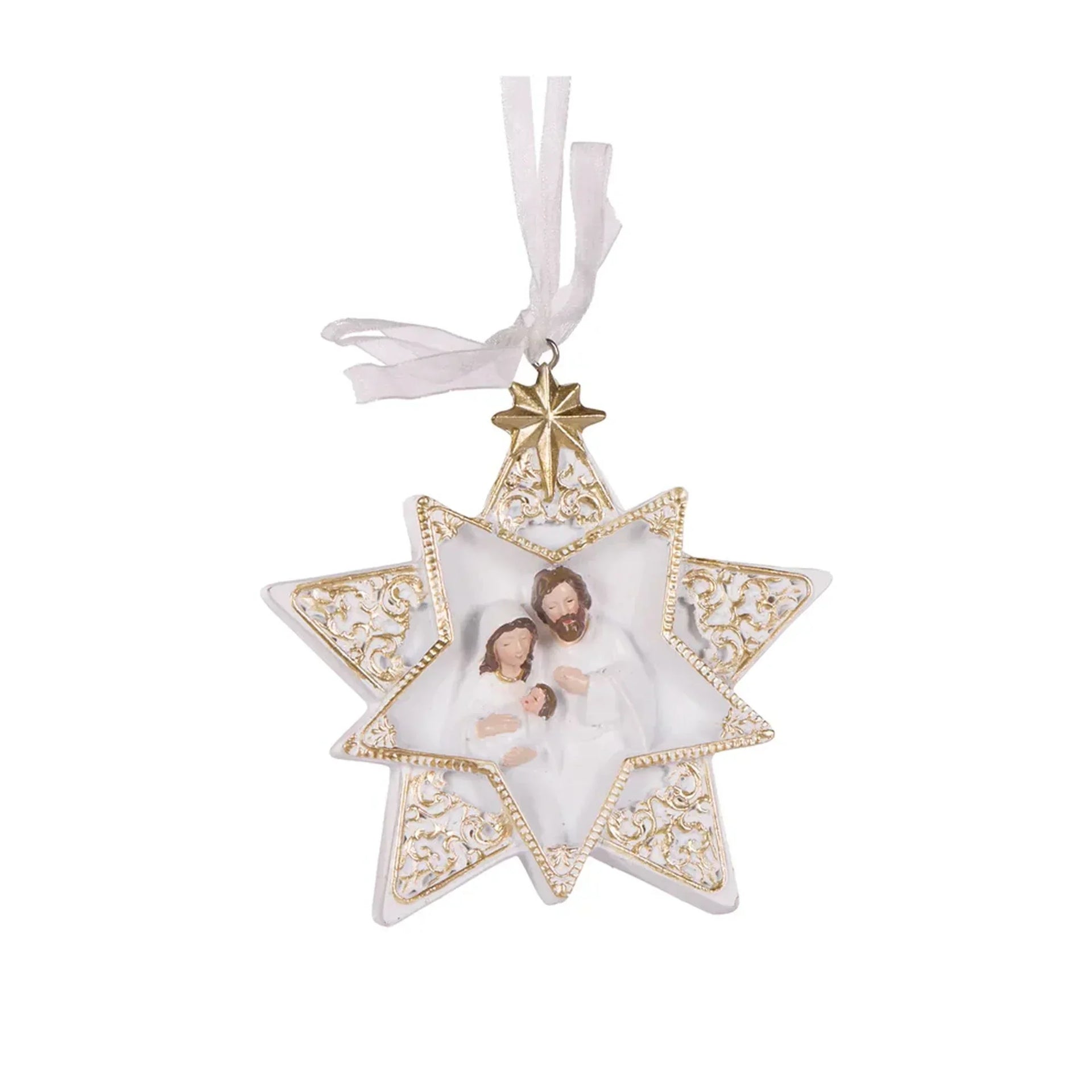 White star Christmas ornament with gold filigree and Holy Family figurine, perfect for holiday home décor