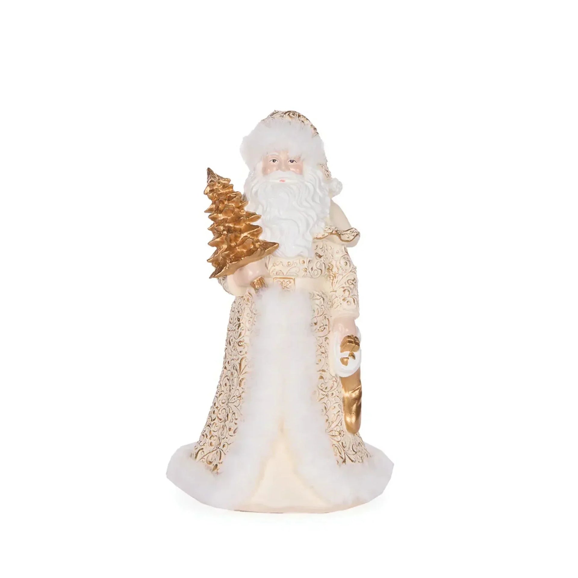 Elegant white and gold Santa Claus figurine holding a Christmas tree, luxury holiday home decor