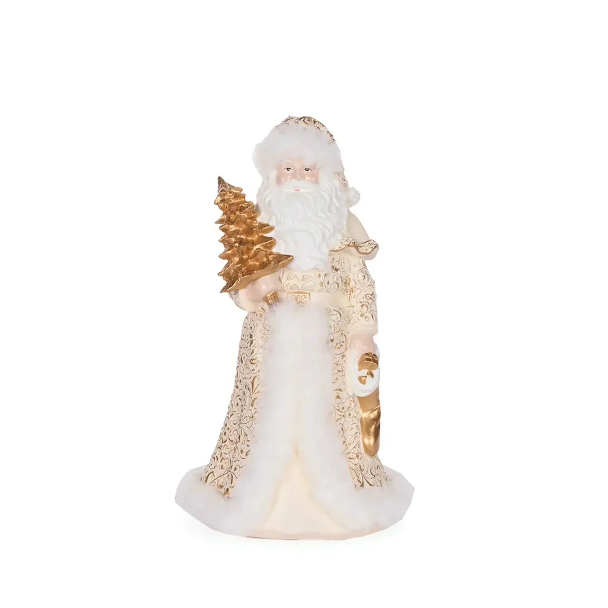 Elegant white and gold Santa Claus figurine holding a Christmas tree, luxury holiday home decor