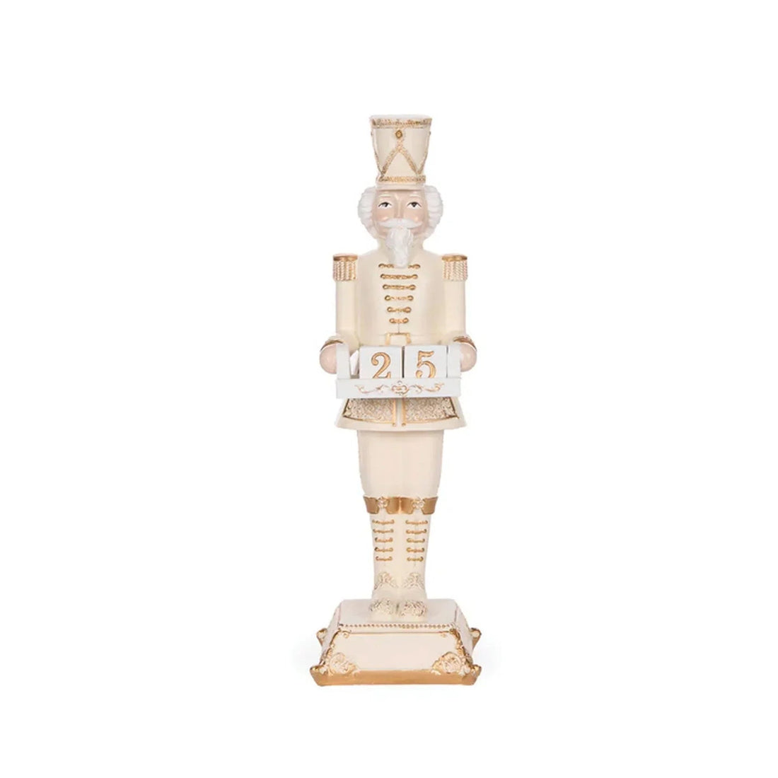 Cream and gold nutcracker figurine holding '25' blocks, elegant holiday home decor