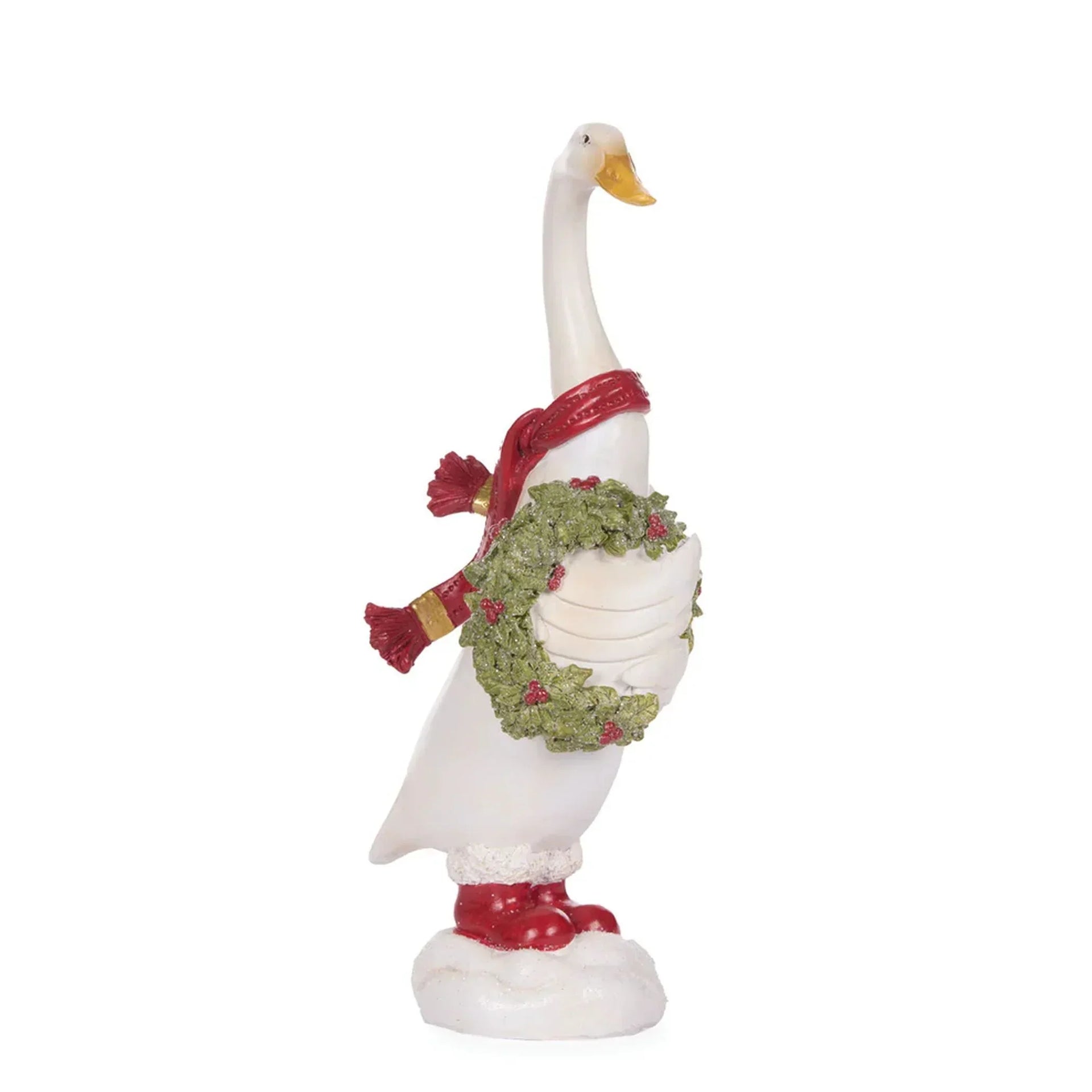 White goose figurine with red scarf, holly wreath, and boots for Christmas home décor
