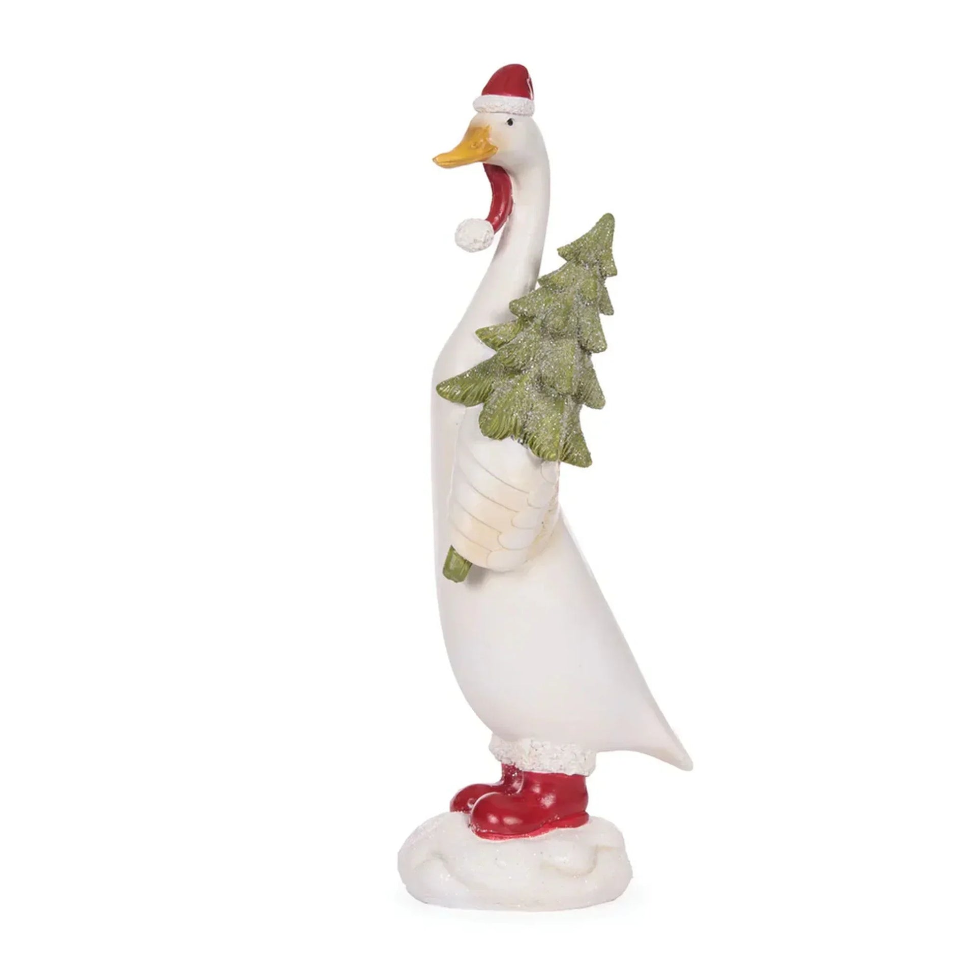 White goose figurine wearing Santa hat and red boots, holding a glittery Christmas tree, festive home décor