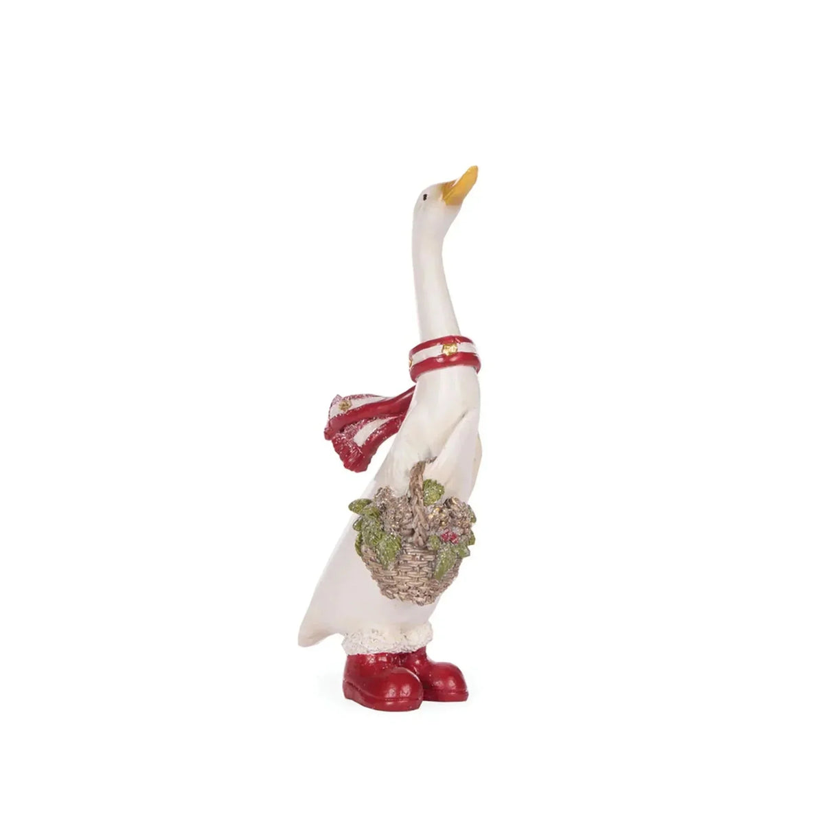 White goose figurine wearing red boots and scarf, holding basket with greenery, home décor accent