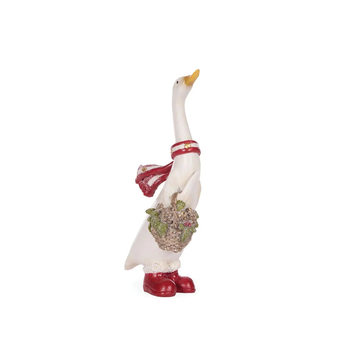 White goose figurine wearing red boots and scarf, holding basket with greenery, home décor accent