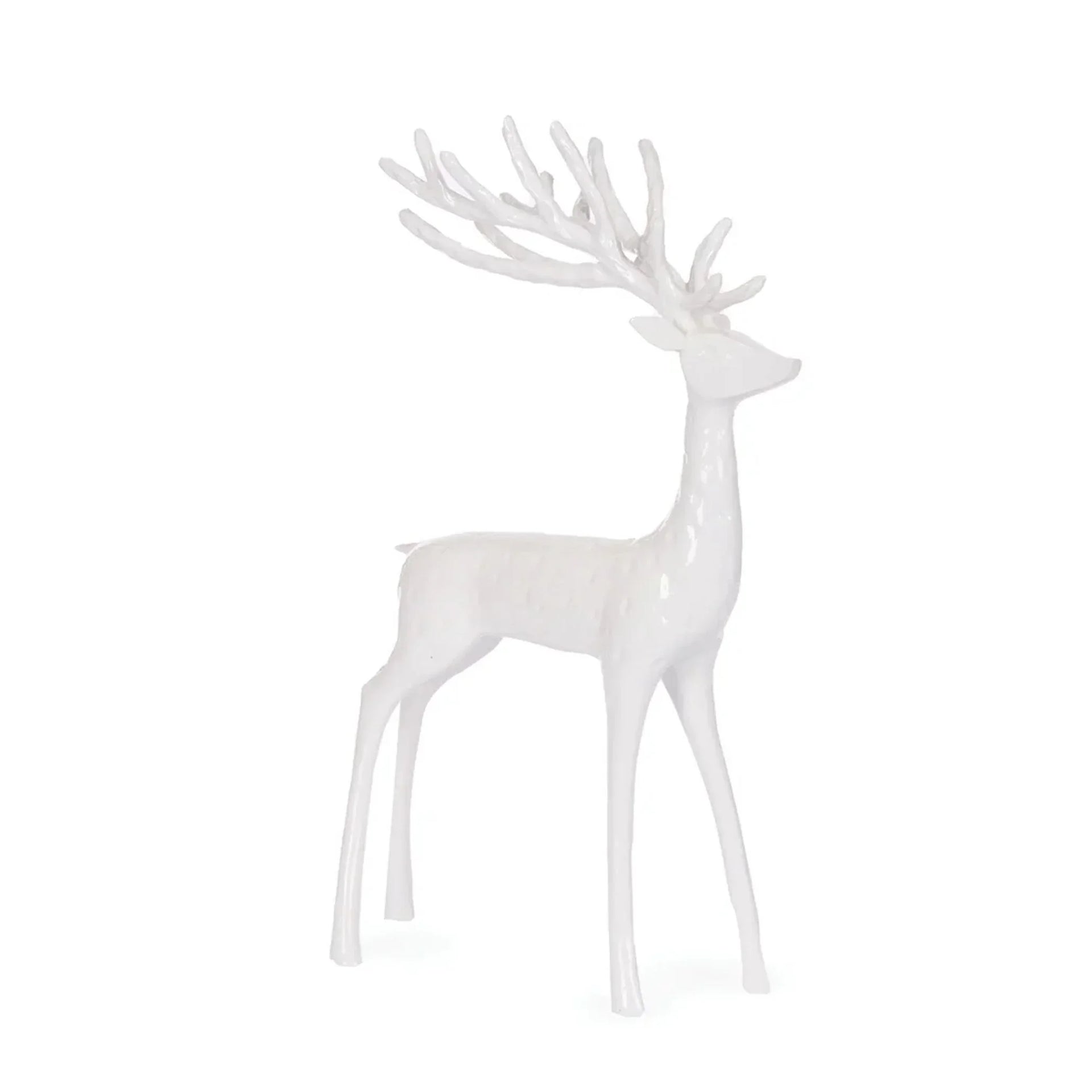 White ceramic deer figurine with antlers, elegant home décor accent for living room or shelf display