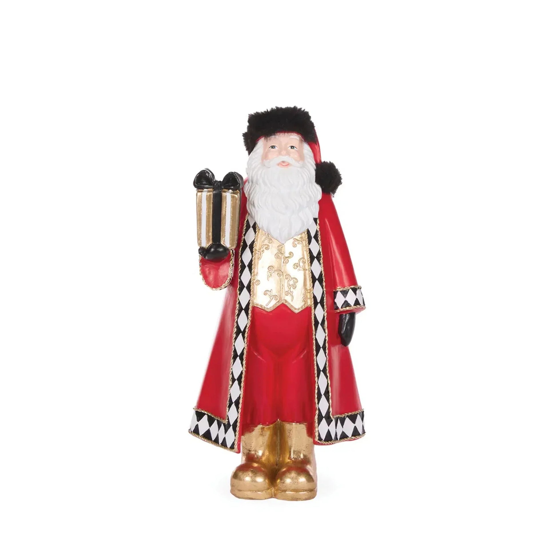 Elegant Santa figurine in red coat with gold boots, holding gift box, festive holiday décor